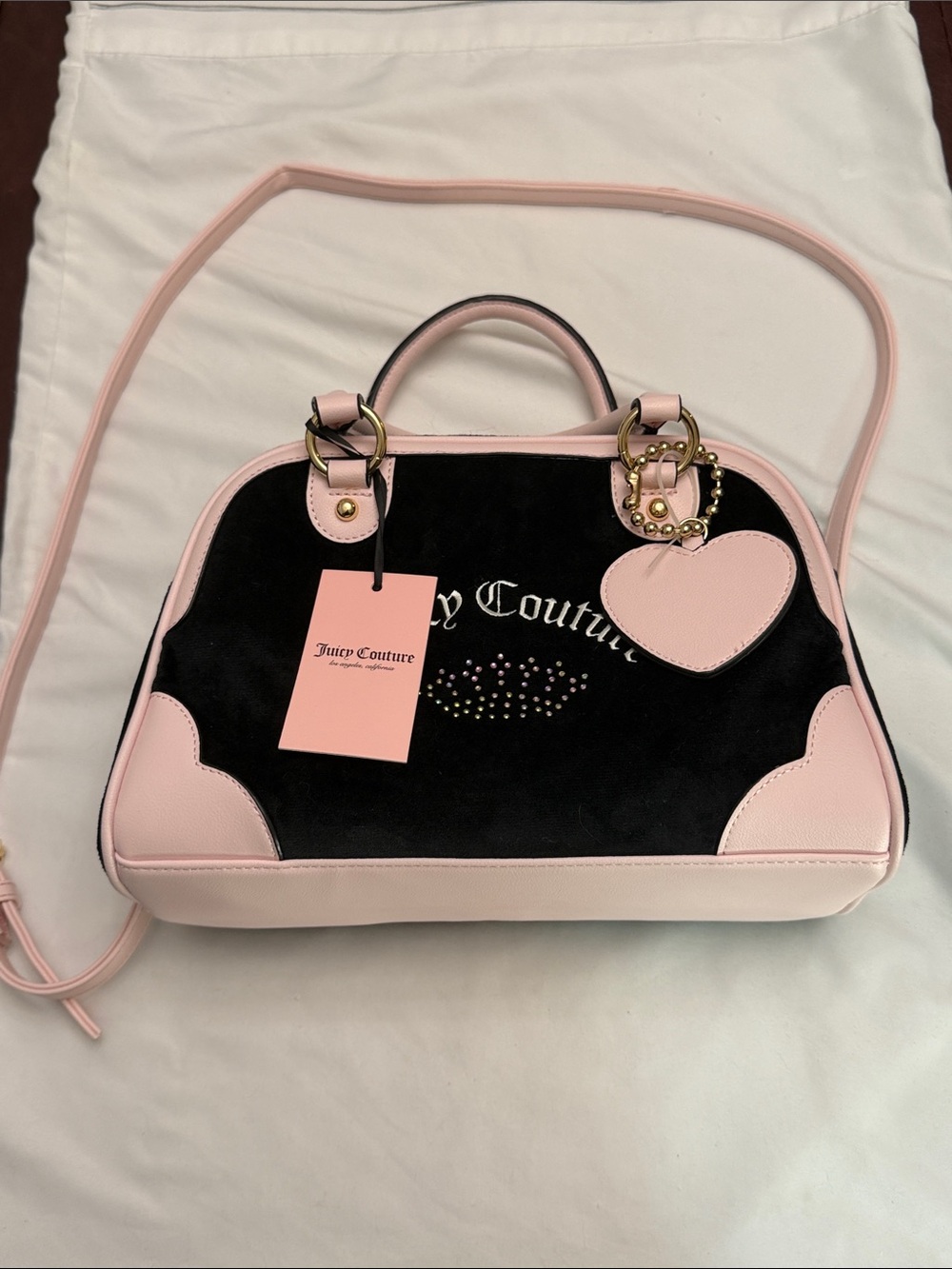 NWT Juicy Couture Velour Bowler Bag – Black & Pink Crown Satchel Crossbody